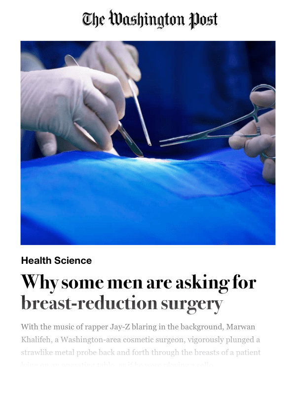 Screenshot of the article titled: Why some men are asking for breast-reduction surgery