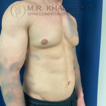 Shirtless adult male torso shown from the side, displaying the chest and abdomen against a blue and white background with text overlay at the top.