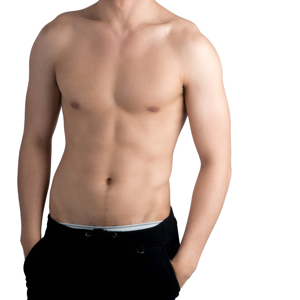 Half body of a man putting his hand in the pocket isolated on white background.