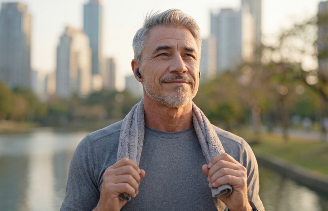 Senior man doing sport activity in city park. Sporty middle aged 50s male with gray hair having morning training routine. Outdoor workout for fitness and wellbeing. Healthy lifestyle in older age. .